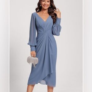 JJ’s House V-Neck Tea Length Chiffon Cocktail Dress Slate Blue Plus Size 16 S2